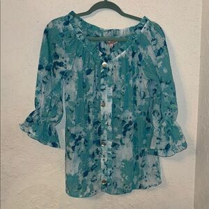 Women’s Teal Floral Button-Front Blouse with Ruffle Sleeves